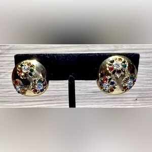 Vintage Gold Plated Multi-Gemstone Flower Clip On Button Earrings